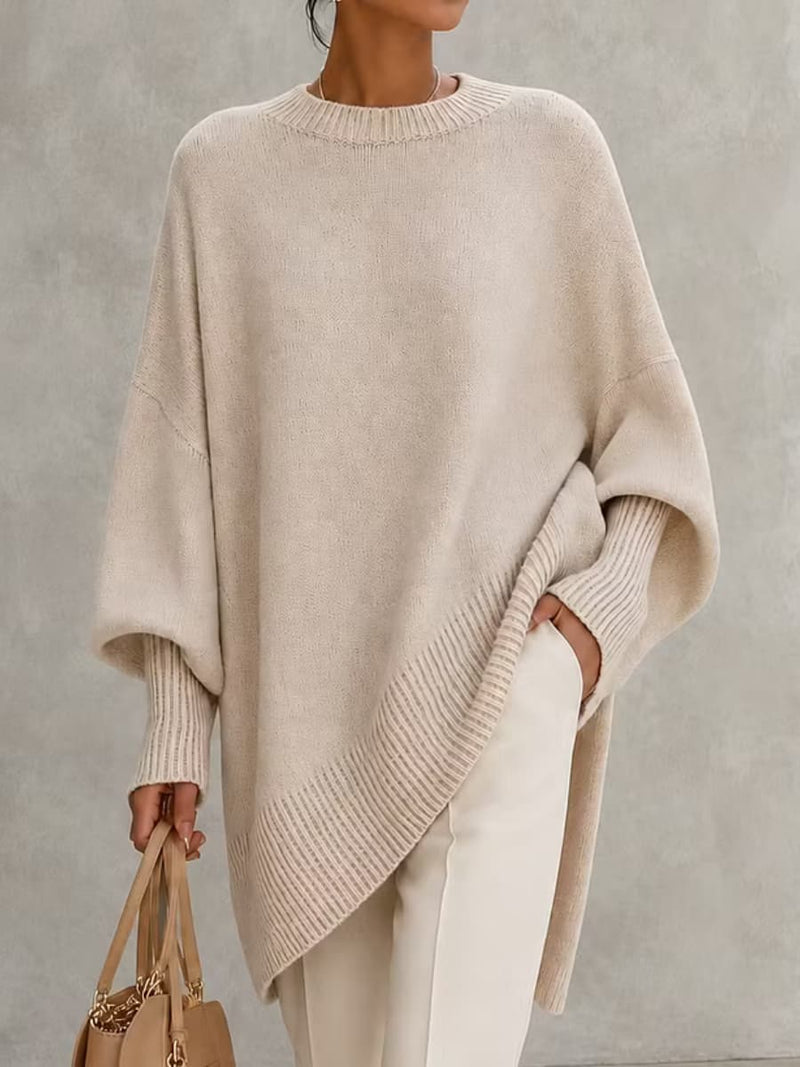 Women's Apricot Irregular Hem Round Neck Lantern Long Sleeve Sweater
