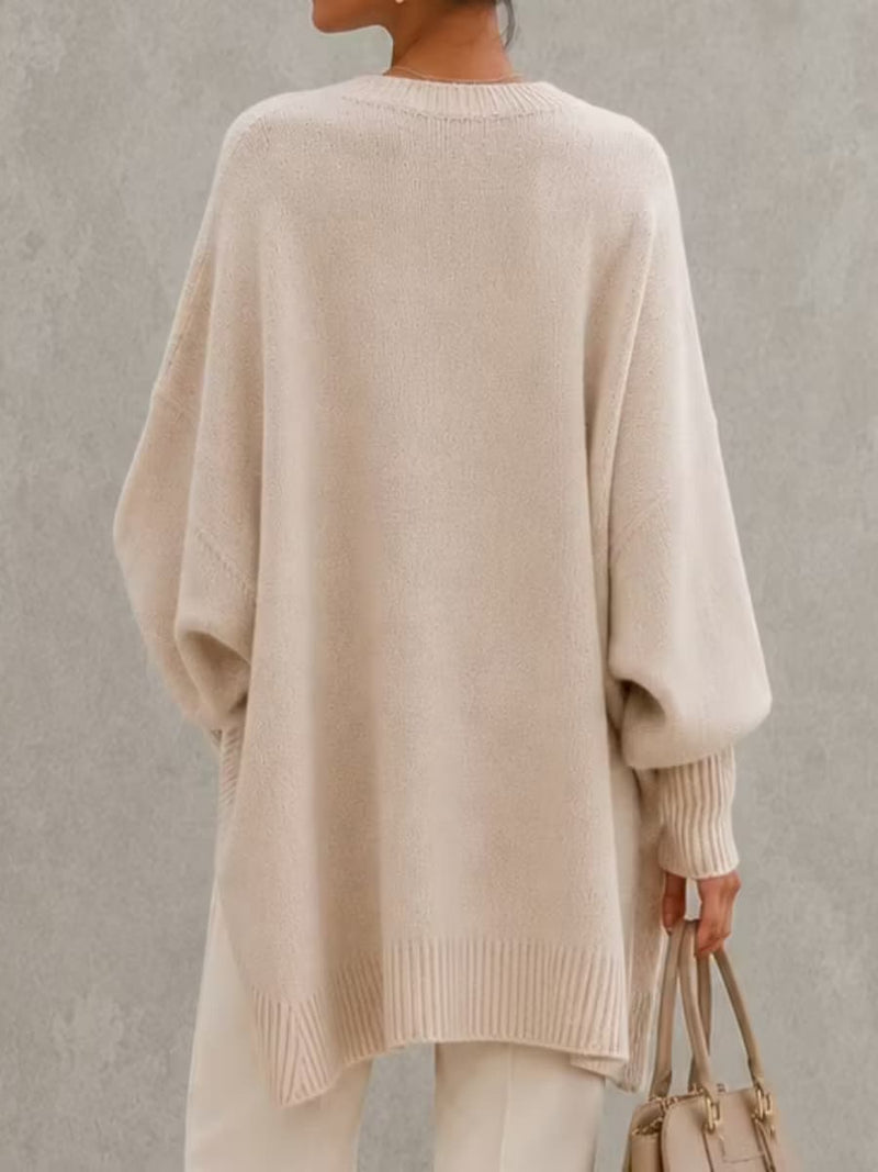Women's Apricot Irregular Hem Round Neck Lantern Long Sleeve Sweater