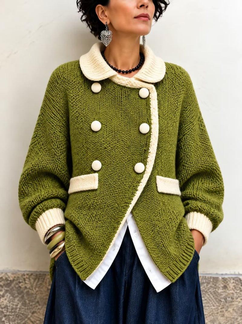 Women's Green Beige Color Block Double Breasted Peter Pan Collar Long Sleeve Cardigan