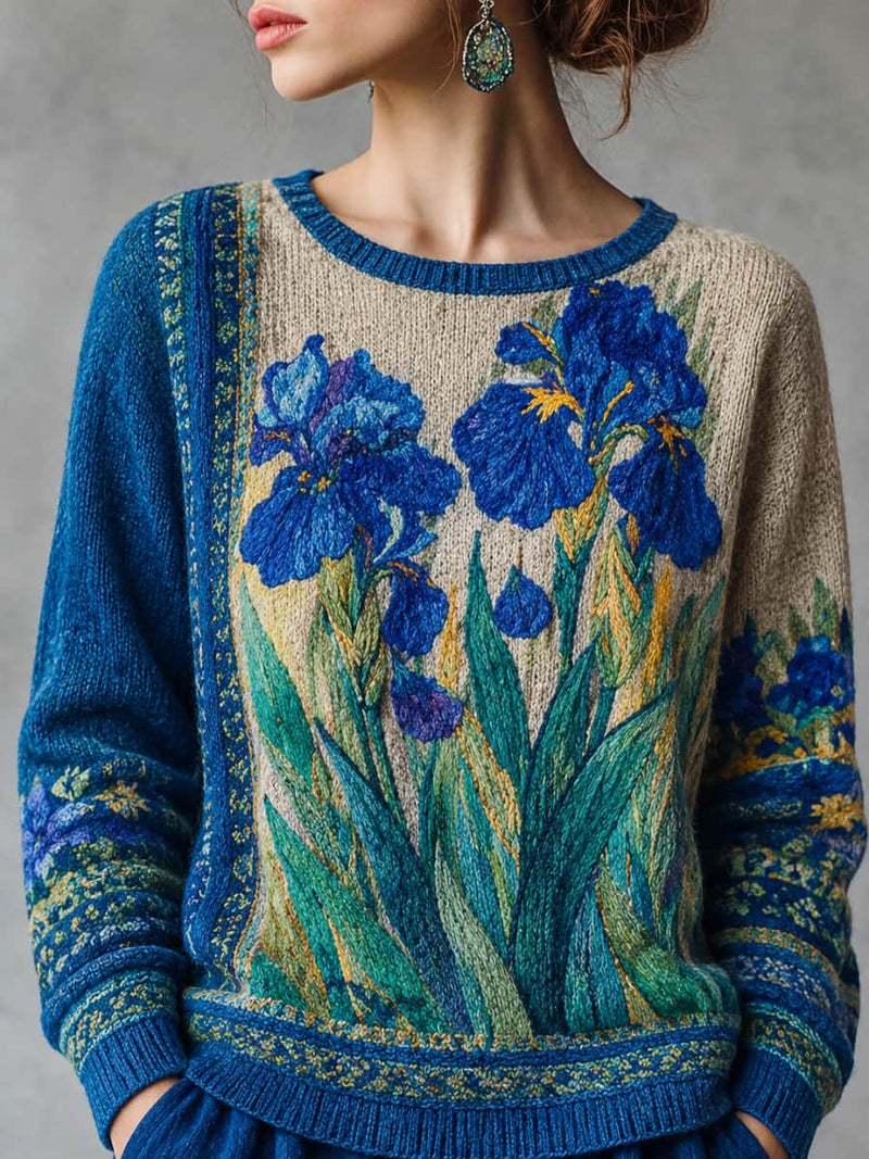 Women's Blue Beige Iris Floral Print Round Neck Long Sleeve Sweater