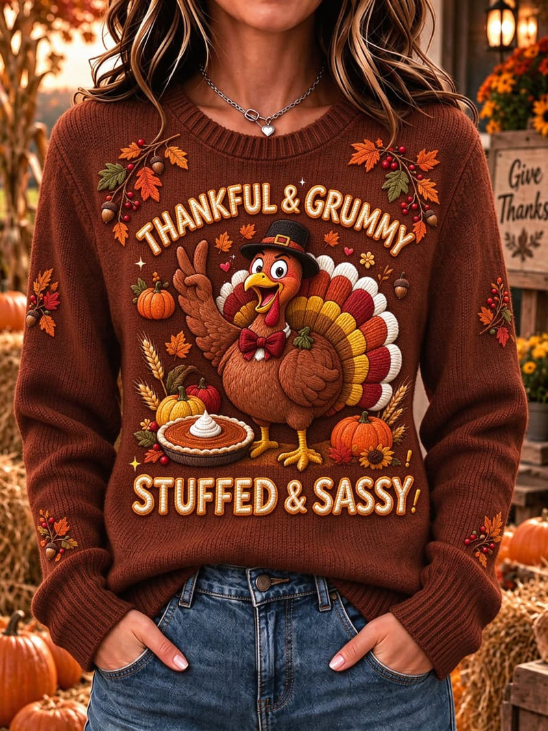 Women's Thanksgiving Brown Turkey Pumpkin Pie Letter Print Round Neck Long Sleeve Sweater