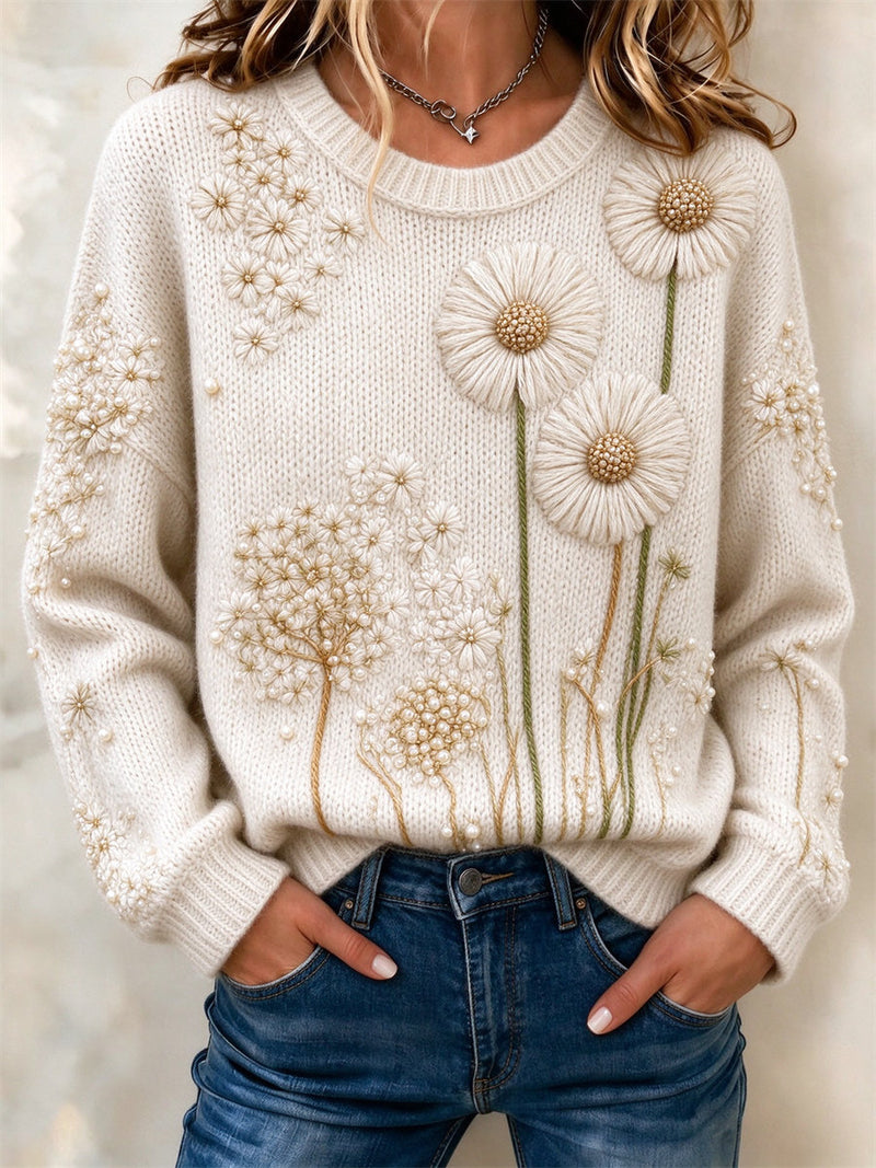 Women's Cream Dandelion Floral Round Neck Long Sleeve Sweater