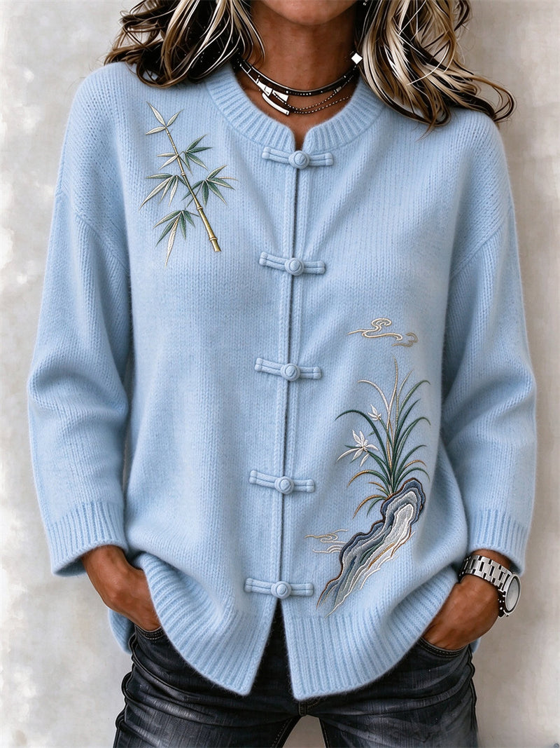 Women's Light Blue Frog Button Bamboo Orchid Print Stand Collar Long Sleeve Cardigan