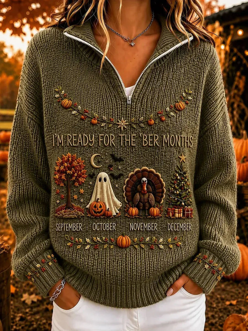Women's Thanksgiving Olive Green Turkey Christmas Tree Pumpkin Letter Print Quarter Zip Long Sleeve Sweater
