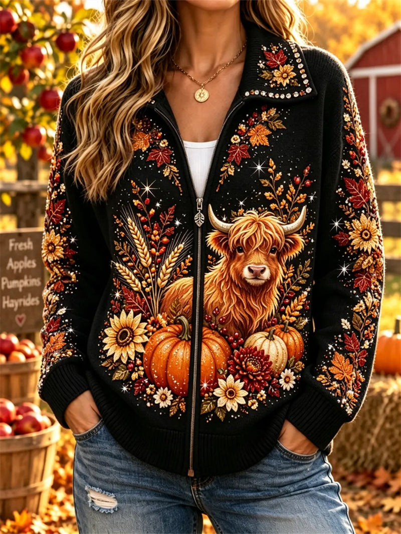Women's Thanksgiving Black Highland Cow Pumpkin Maple Leaf Print Zip Up Lapel Long Sleeve Cardigan