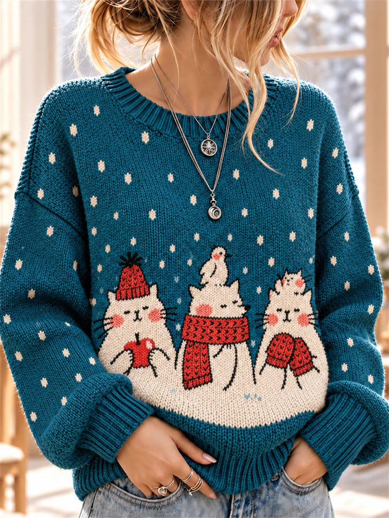Women's Teal Cute Cat Snow Dot Print Round Neck Long Sleeve Sweater
