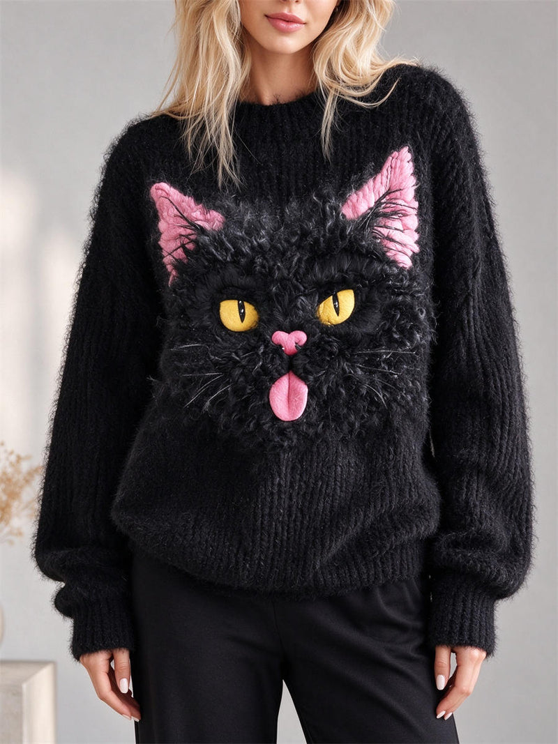 Women's Black Cute Pink Ear Cat Print Round Neck Long Sleeve Sweater