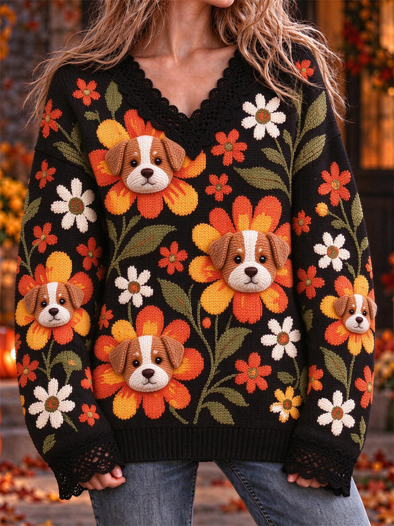 Women's Black Floral Puppy Lace V Neck Long Sleeve Sweater