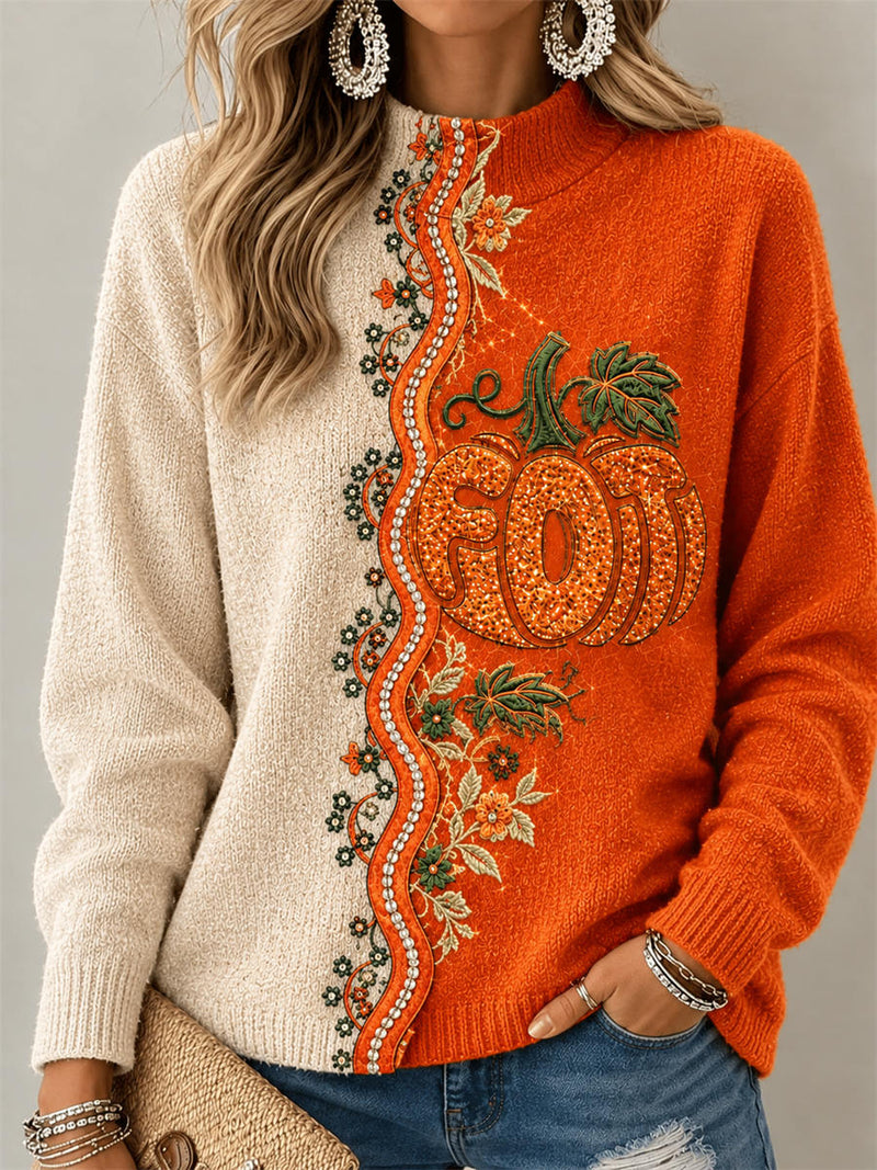 Women's Thanksgiving Orange Beige Color Block Pumpkin Floral Letter Print Mock Neck Long Sleeve Sweater