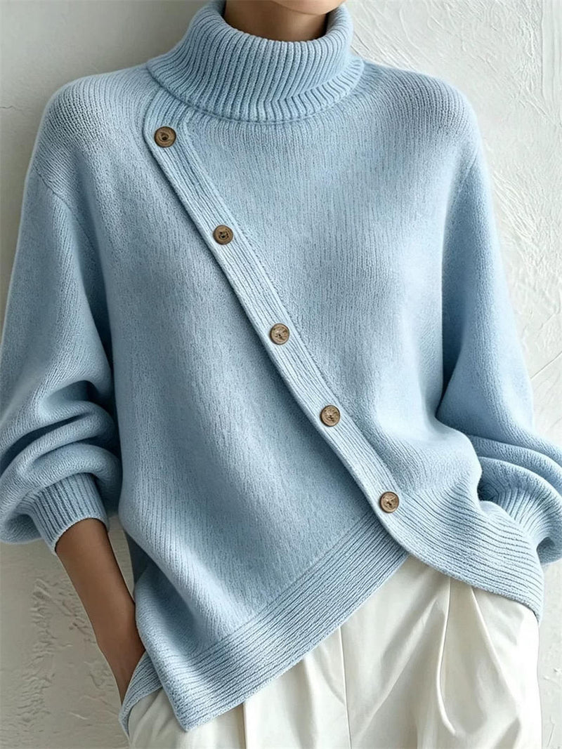 Women's Light Blue Diagonal Button Turtleneck Long Sleeve Sweater