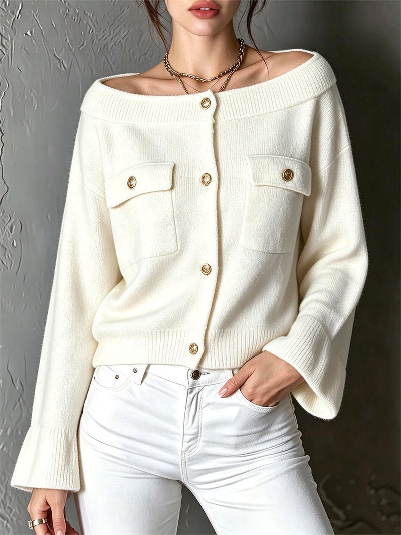Women's Off White Off Shoulder Button Pocket Long Sleeve Cardigan