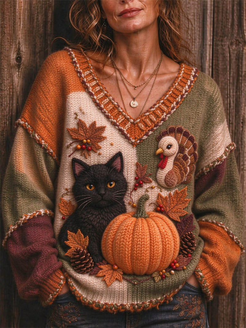 Women's Thanksgiving Color Block Black Cat Turkey Pumpkin Print V Neck Long Sleeve Sweater
