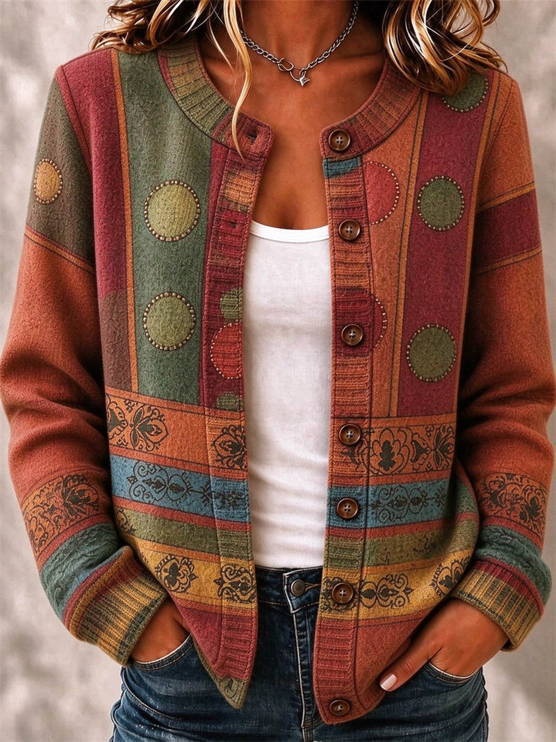 Women's Multi Ethnic Geometric Floral Print Round Neck Long Sleeve Cardigan