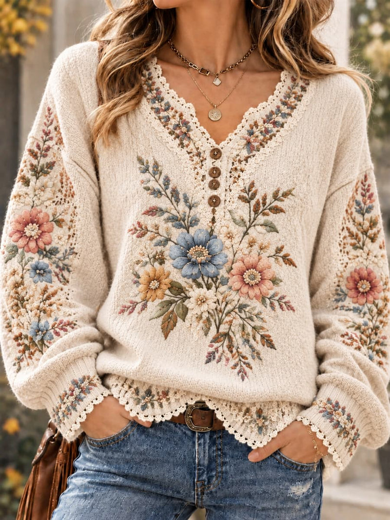 Women's Cream Floral Print Lace Notch V Neck Long Sleeve Sweater