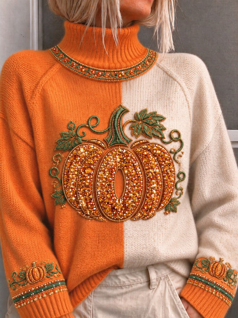 Women's Thanksgiving Orange Cream Color Block Pumpkin Print Turtleneck Long Sleeve Sweater