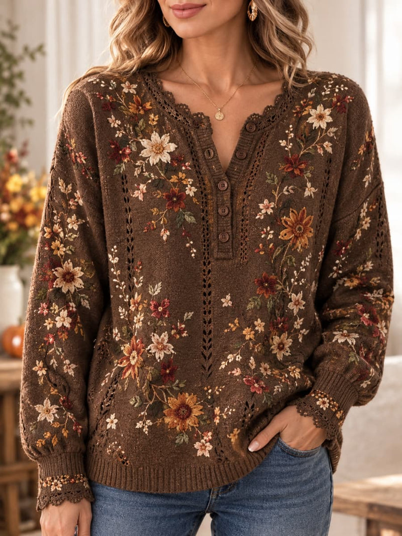 Women's Brown Floral Print Lace Notch V Neck Long Sleeve Sweater