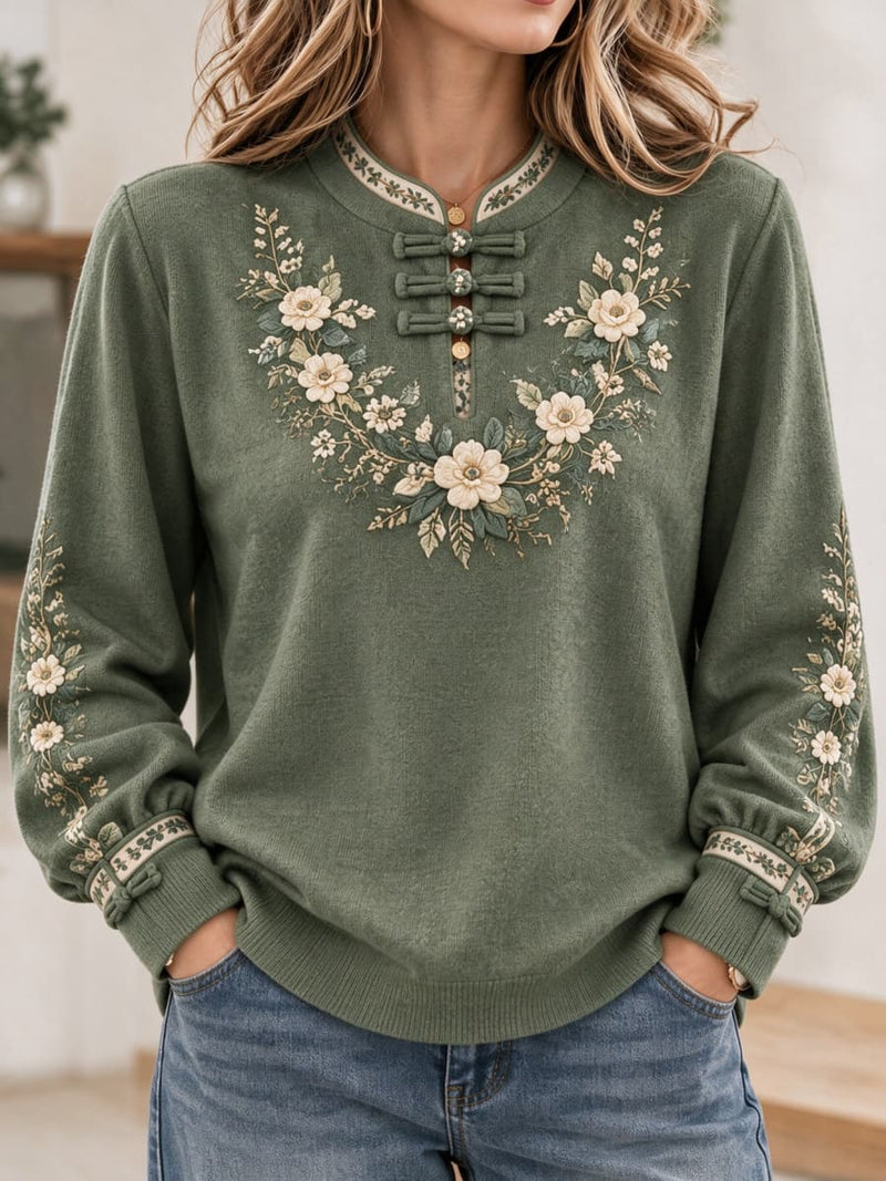 Women's Sage Green Floral Print Frog Button Mandarin Collar Long Sleeve Sweater