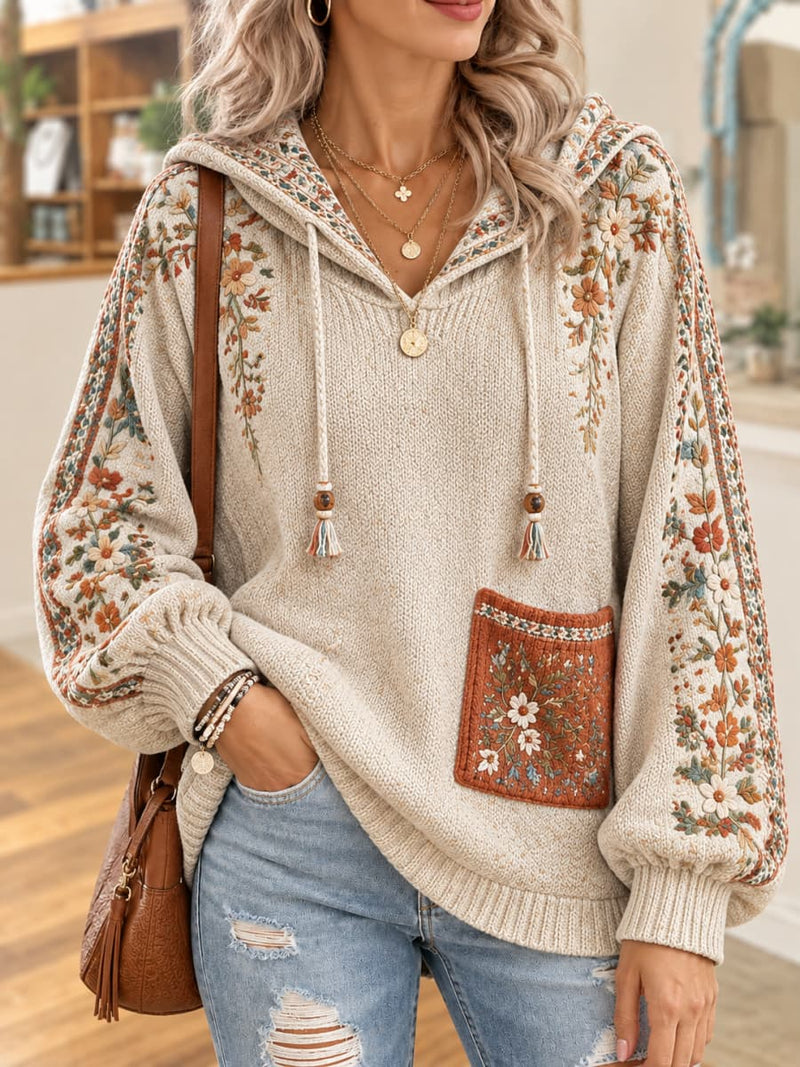 Women's Cream Floral Print Drawstring Hooded Long Sleeve Sweater