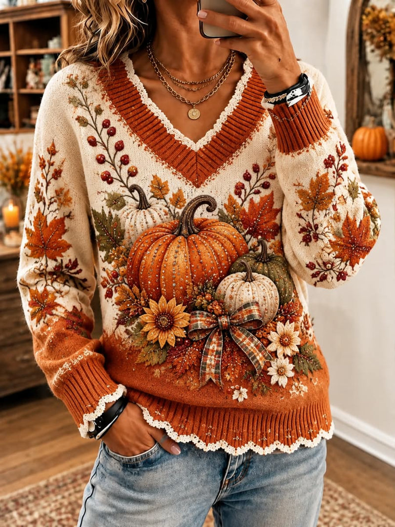 Women's Thanksgiving Beige Orange Pumpkin Maple Leaf Sunflower Print V Neck Long Sleeve Sweater