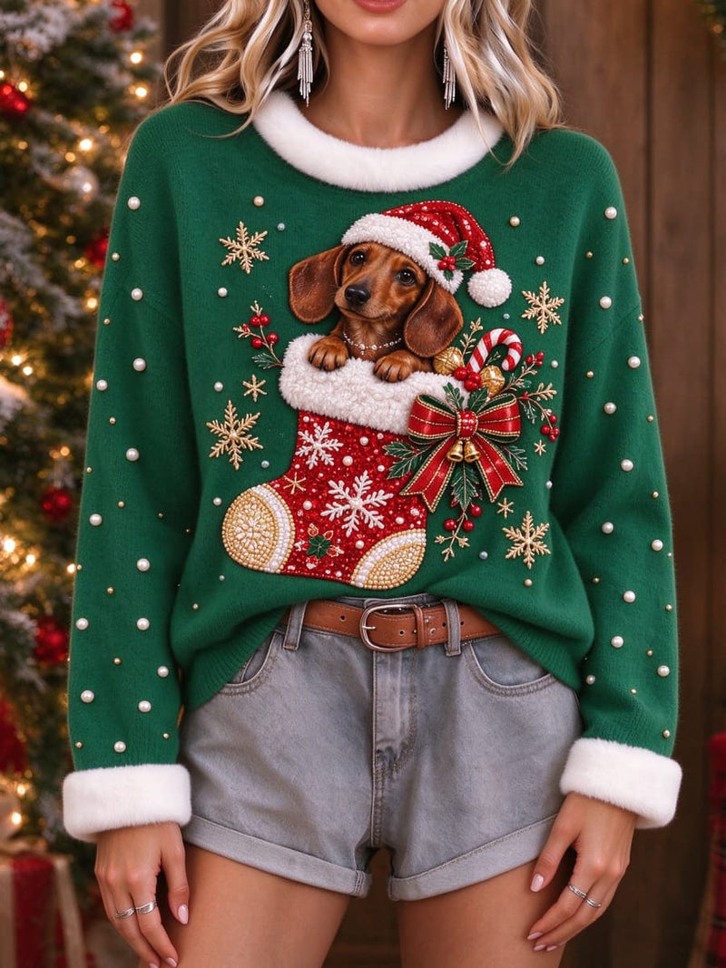 Women's Christmas Green Dachshund Dog Christmas Stocking Snowflake Print Round Neck Long Sleeve Sweater