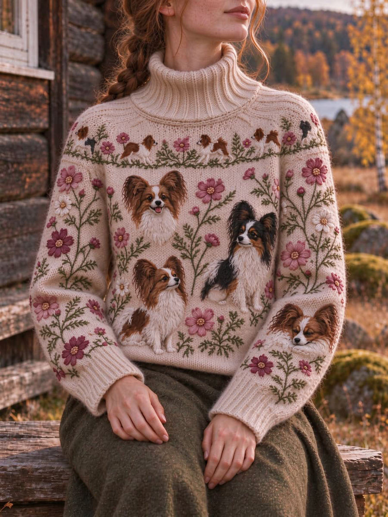 Women's Beige Papillon Dog Floral Print Turtleneck Long Sleeve Sweater