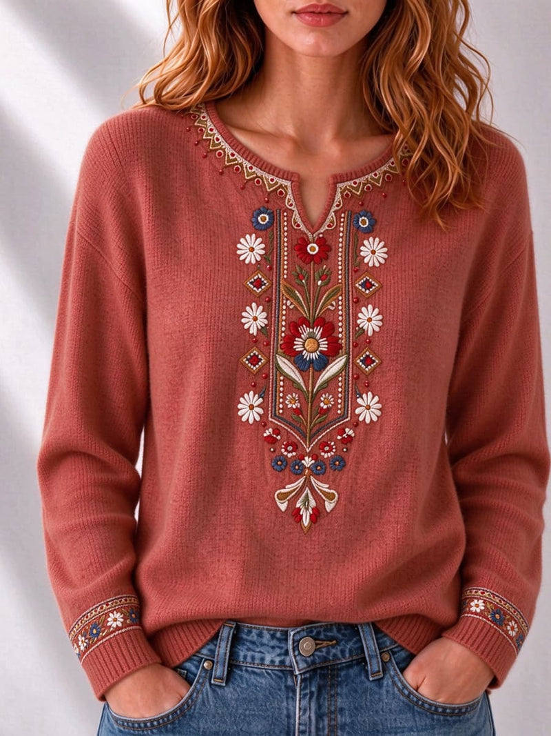 Women's Rust Red Ethnic Floral Print Notch V Neck Long Sleeve Sweater