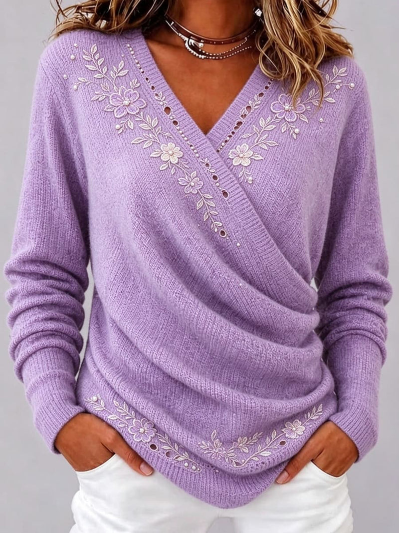 Women's Purple Floral Wrap V Neck Long Sleeve Sweater