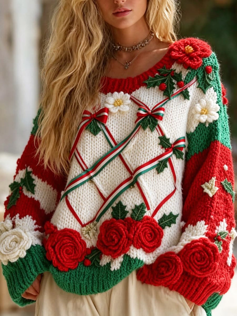 Women's Christmas Red Green White Color Block Holly Floral Round Neck Long Sleeve Sweater
