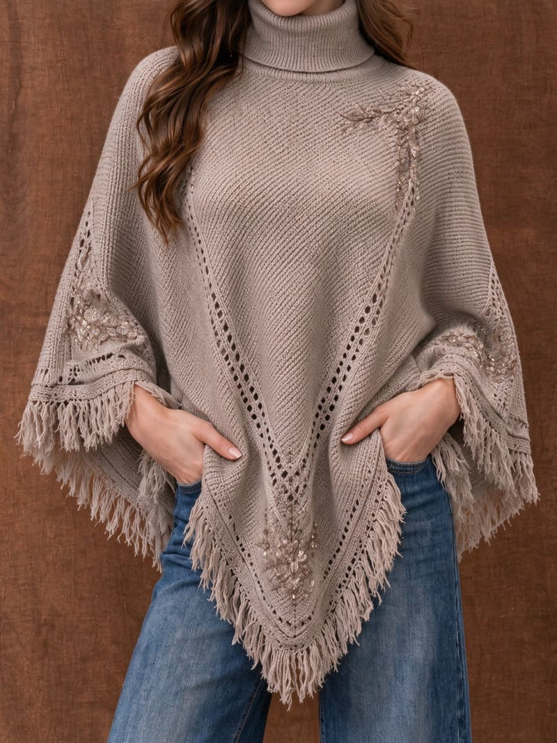 Women's Taupe Floral Print Hollow Out Turtleneck Fringe Sleeve Sweater