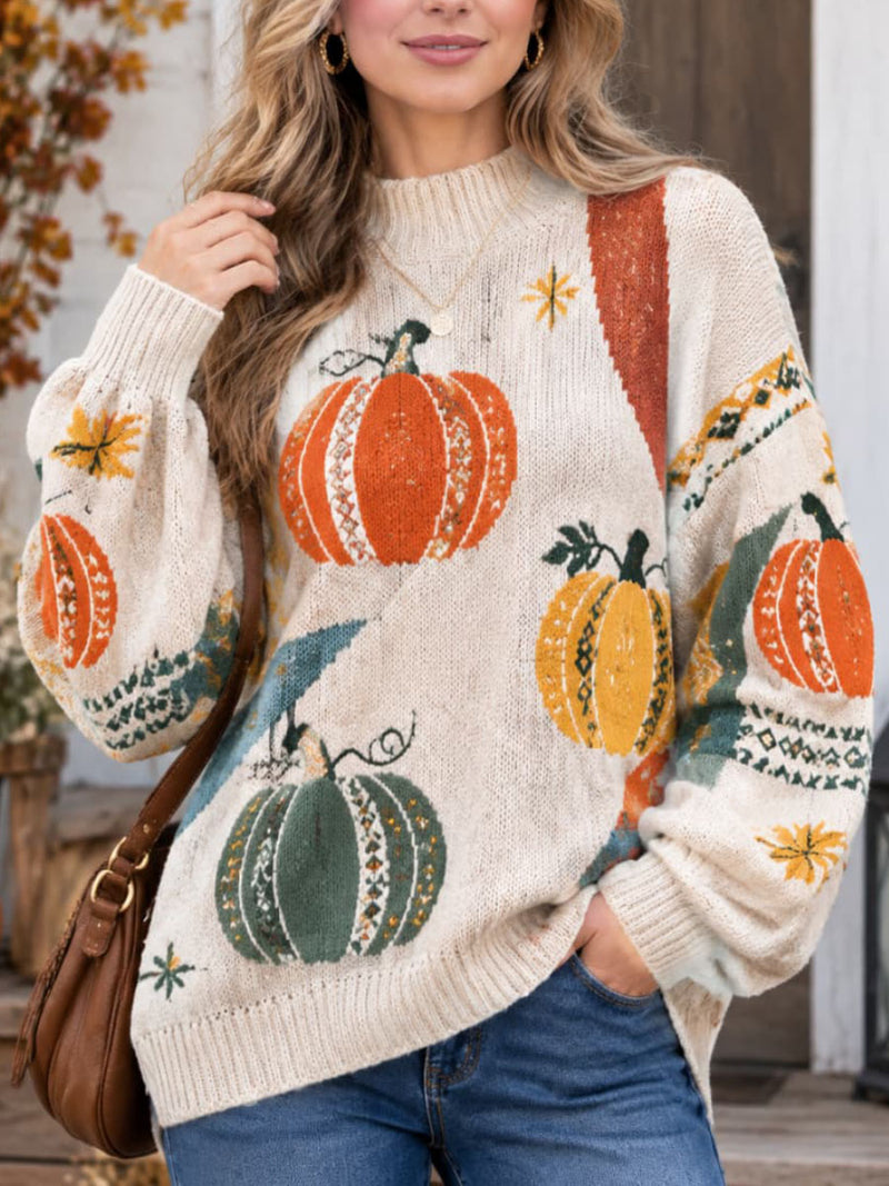 Women's Thanksgiving Beige Pumpkin Print Crew Neck Long Sleeve Sweater
