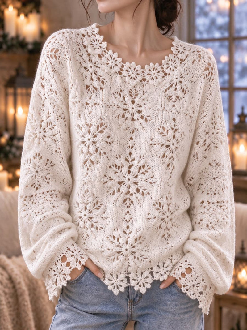 Women's White Snowflake Hollow Out Round Neck Long Sleeve Sweater