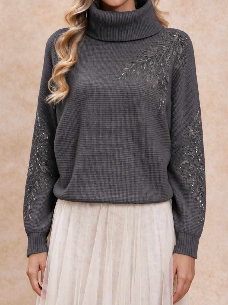 Women's Dark Gray Floral Leaf Print Turtleneck Long Sleeve Sweater