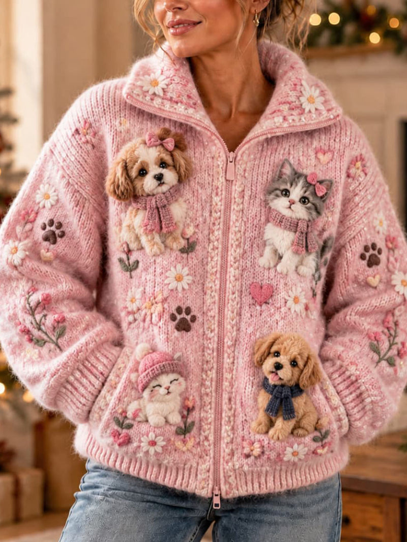Women's Pink Cat Dog Floral Print Zipper Collar Long Sleeve Cardigan