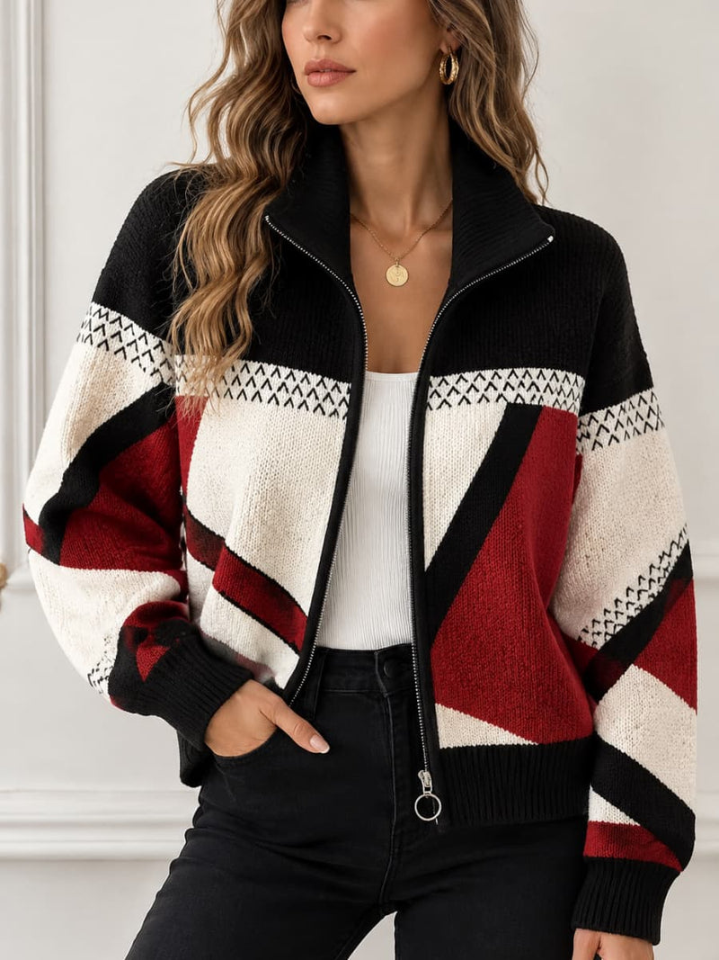 Women's Color Block Geometric Print Zipper Collar Long Sleeve Cardigan