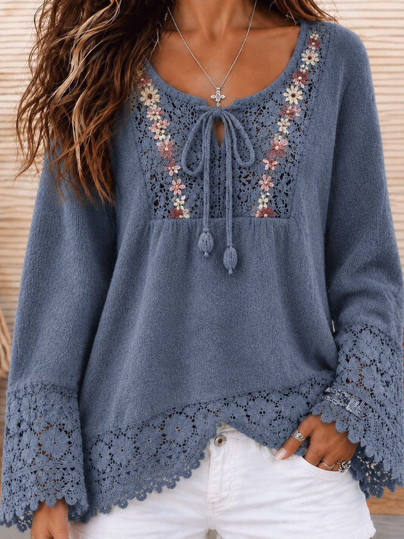 Women's Blue Floral Lace Splicing Tie Round Neck Long Sleeve Sweater