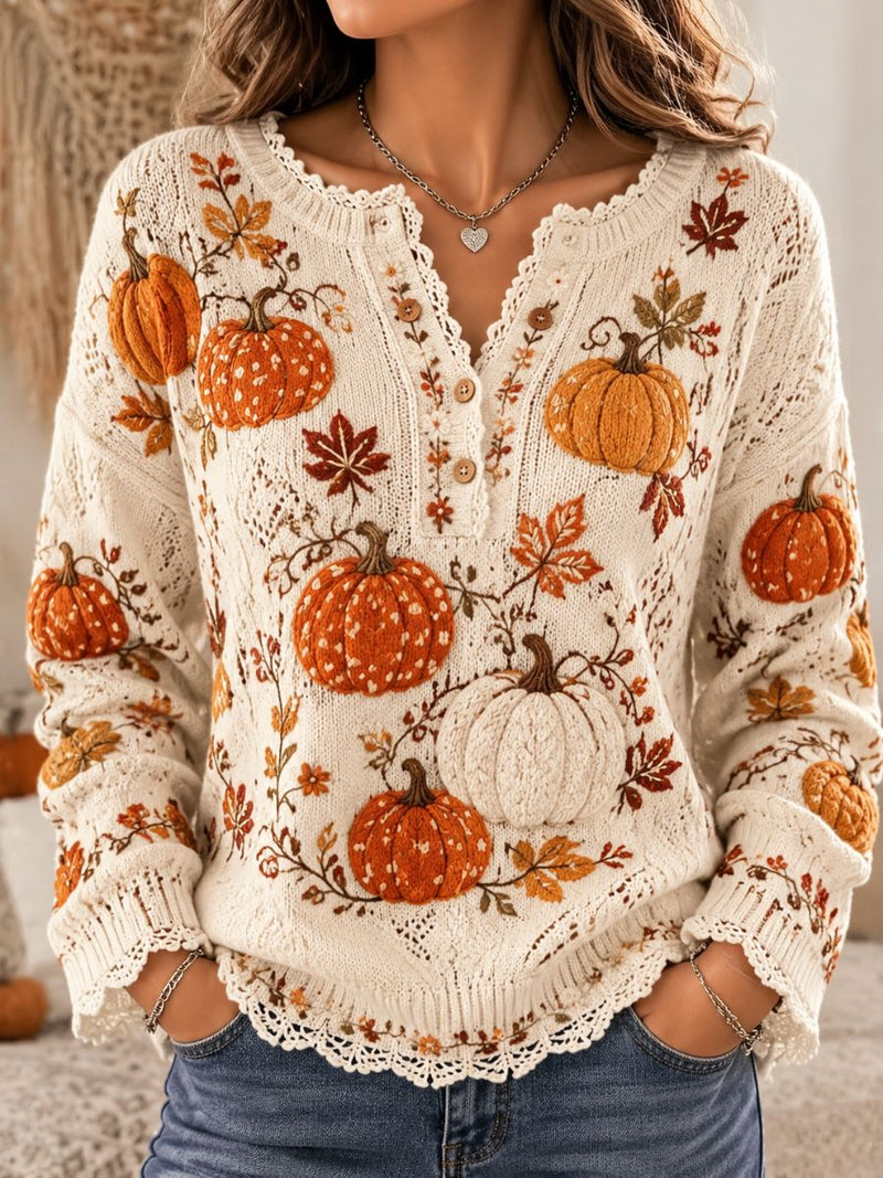 Women's Thanksgiving Cream Pumpkin Maple Leaf Print Lace Notch V Neck Long Sleeve Sweater
