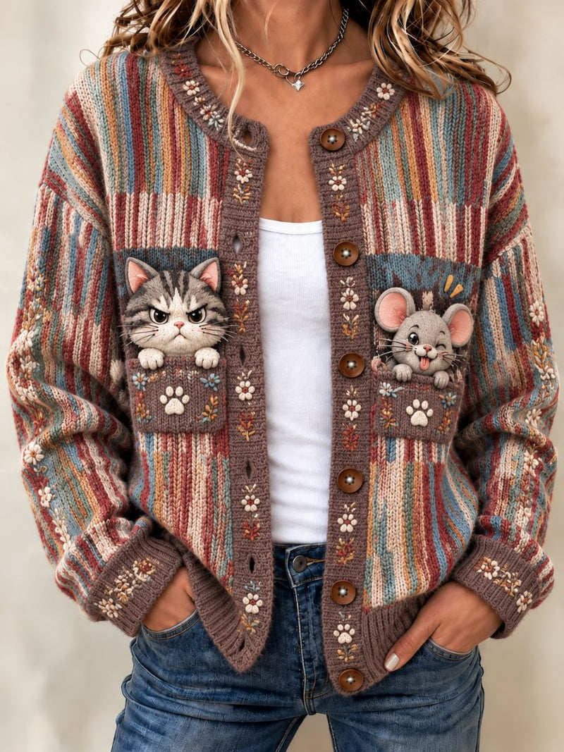 Women's Colorful Stripe Cat Mouse Print Round Neck Long Sleeve Cardigan
