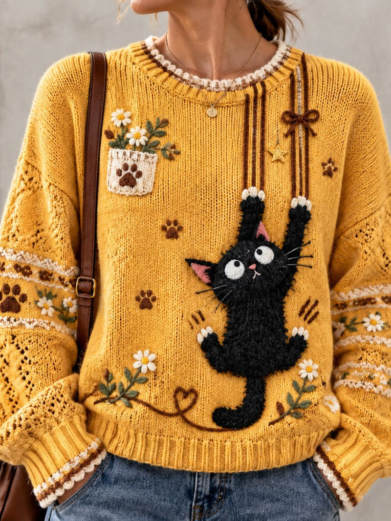 Women's Yellow Black Cat Daisy Print Round Neck Long Sleeve Sweater