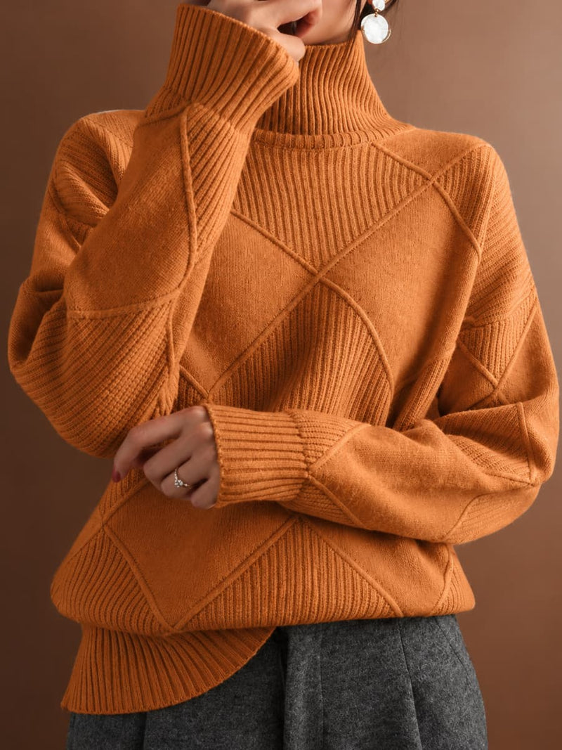 Women's Orange Diamond Textured Turtleneck Long Sleeve Sweater