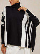 Women's Black White Color Block Stripe Turtleneck Long Sleeve Sweater