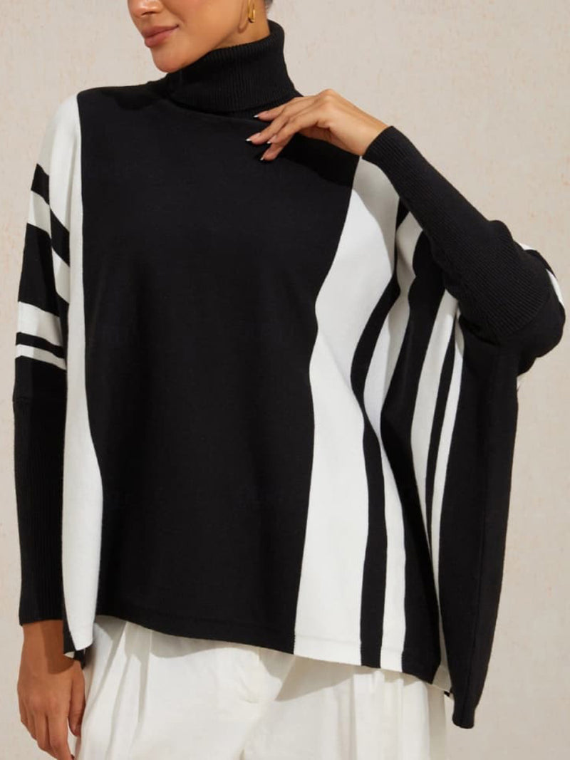 Women's Black White Color Block Stripe Turtleneck Long Sleeve Sweater