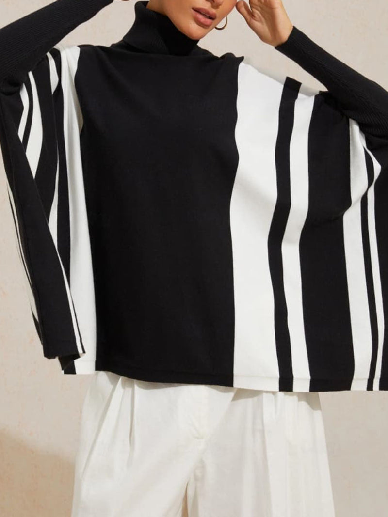 Women's Black White Color Block Stripe Turtleneck Long Sleeve Sweater