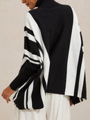 Women's Black White Color Block Stripe Turtleneck Long Sleeve Sweater