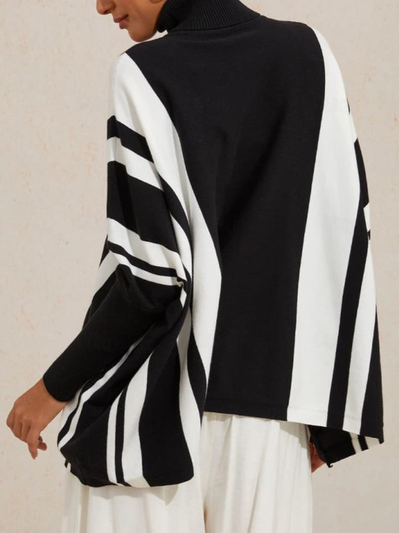 Women's Black White Color Block Stripe Turtleneck Long Sleeve Sweater