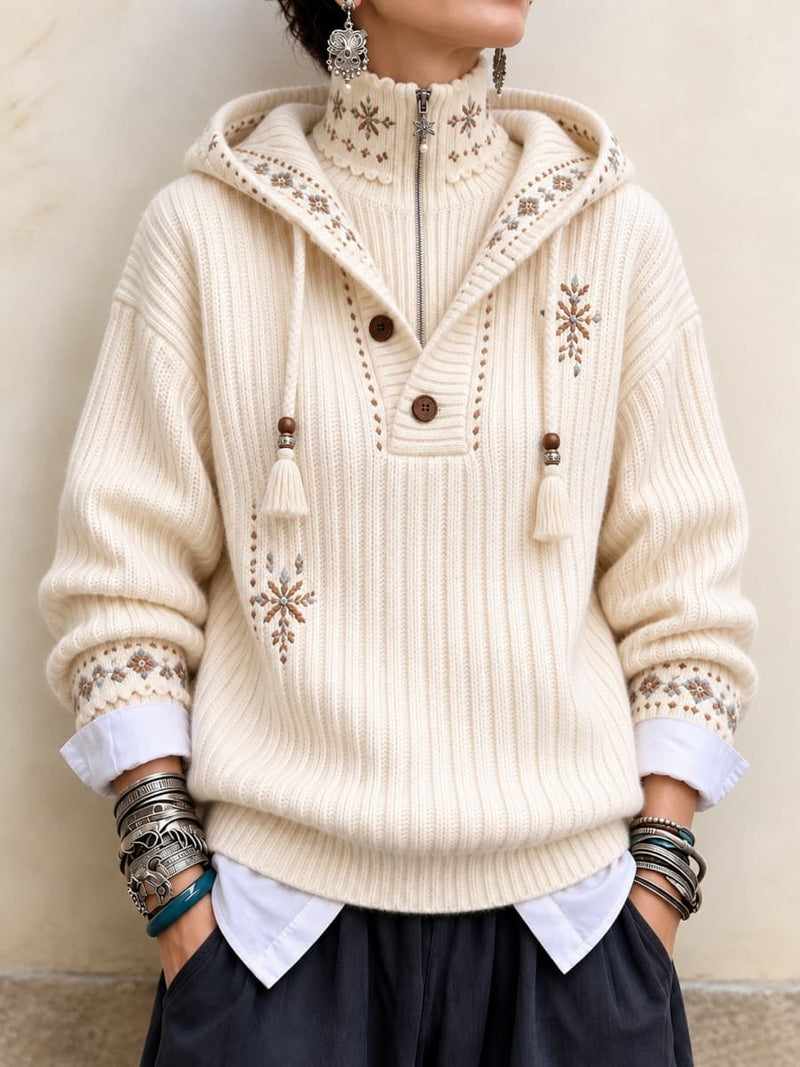 Women's Cream Snowflake Floral Print Half Zip Hooded Turtleneck Long Sleeve Sweater
