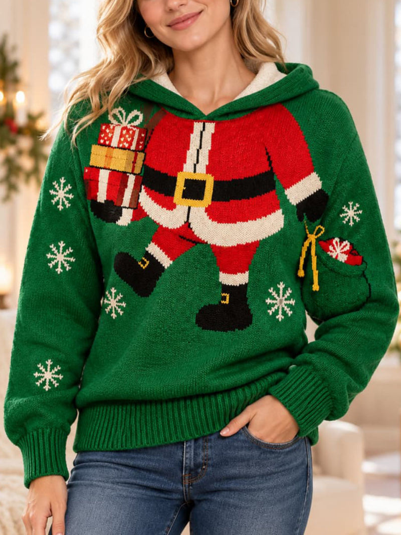Women's Christmas Green Santa Claus Snowflake Gift Print Hooded Long Sleeve Sweater