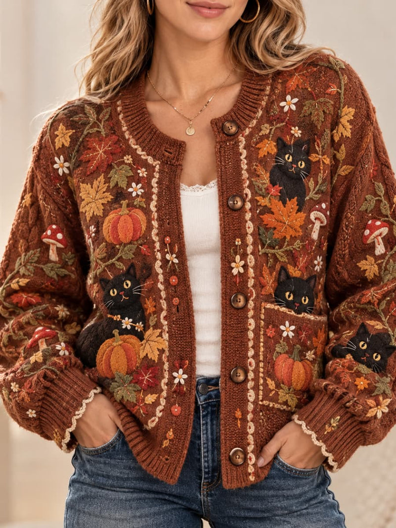 Women's Thanksgiving Brown Black Cat Pumpkin Mushroom Print Round Neck Long Sleeve Cardigan