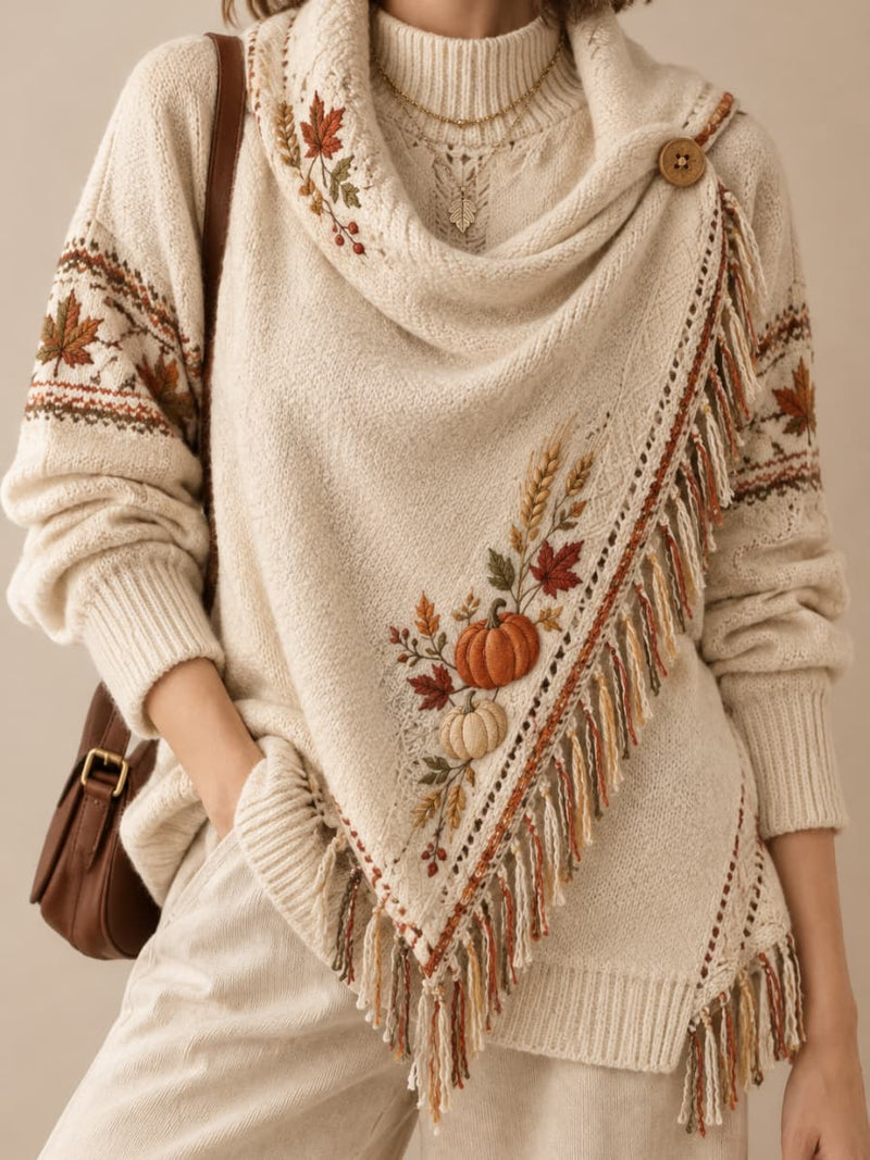 Women's Thanksgiving Cream Pumpkin Maple Leaf Print Tassel Shawl Collar Long Sleeve Sweater