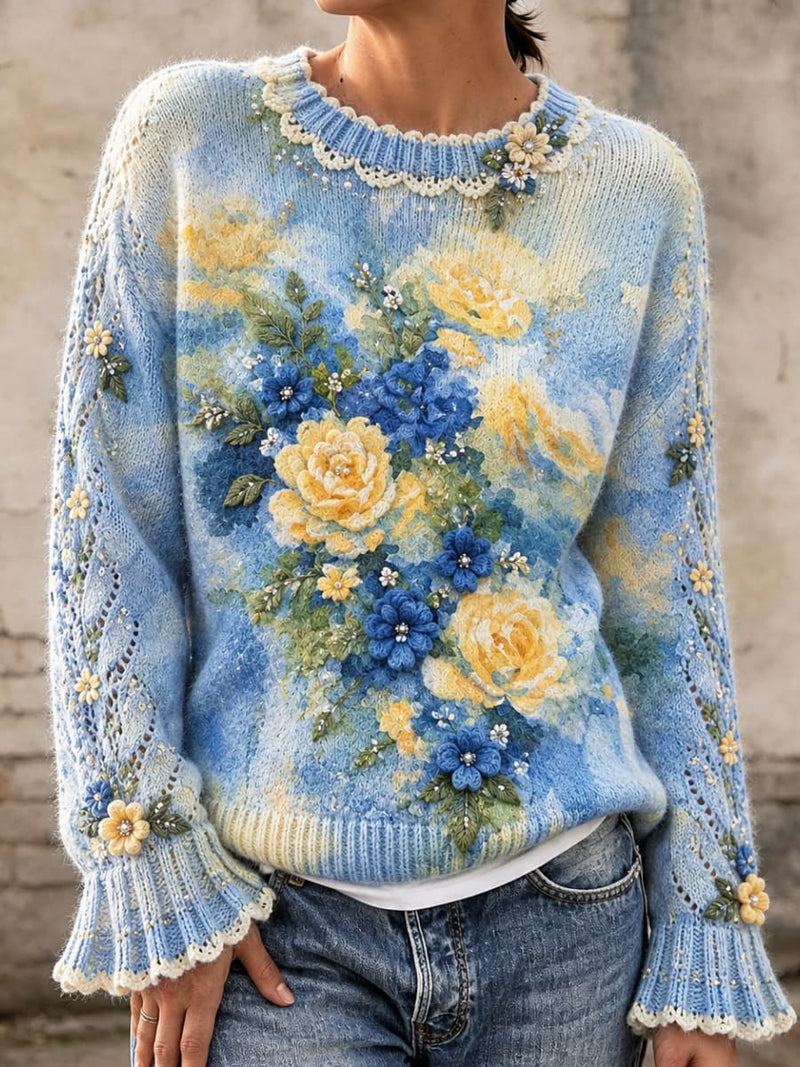 Women's Blue Floral Print Lace Round Neck Flare Long Sleeve Sweater