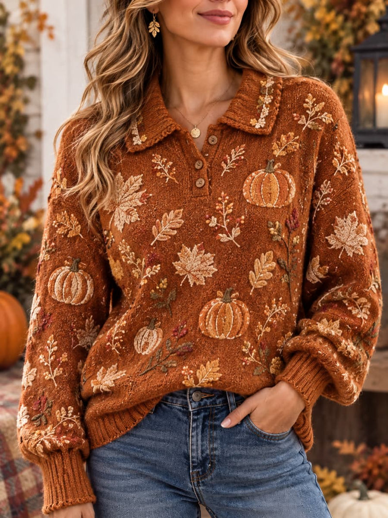 Women's Thanksgiving Burnt Orange Pumpkin Maple Leaf Print Polo Collar Long Sleeve Sweater